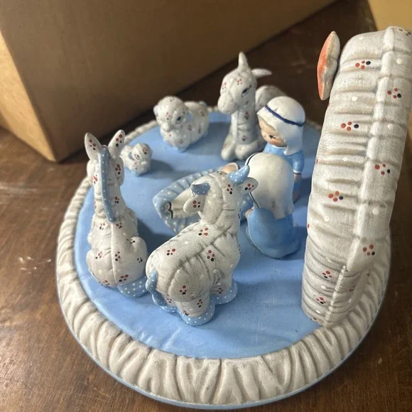 Christmas Nativity Scene Set Figures Manger Figurines Baby Jesus Quilt Look Blue - Picture 8 of 9